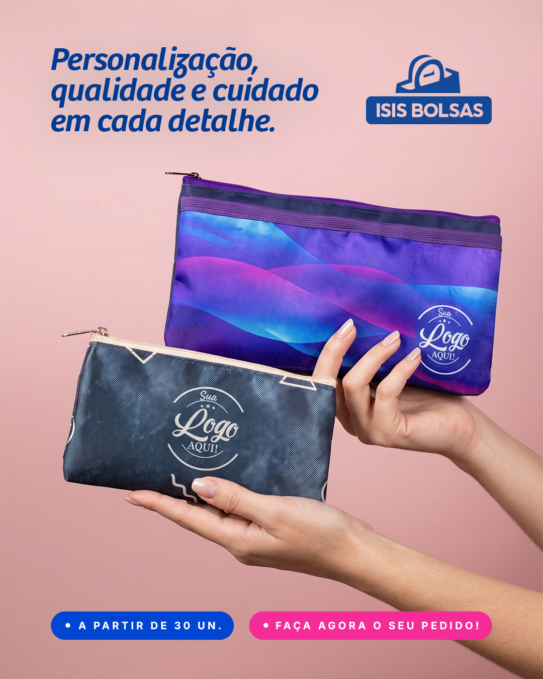 Personalização, qualidade e cuidado em cada detalhe para valorizar a sua marca.
As nécessaires personalizadas da Isis Bolsas são práticas, versáteis e ideais para empresas que desejam entregar um produto útil, bonito e com excelente acabamento.
A partir de 30 unidades. Faça o seu pedido!
#IsisBolsas #NecessairePersonalizada #BolsasPersonalizadas #SuaMarcaAqui #Atacado