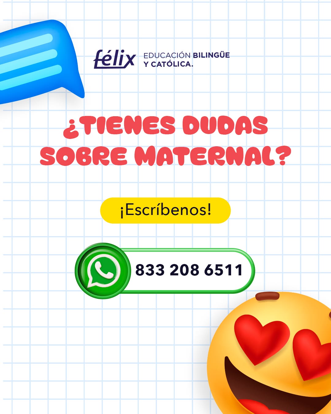 Dar el primer paso también es aprender juntos. 🤍
La llegada a Maternal es una nueva etapa para toda la familia: nuevas rutinas, nuevos retos y muchos momentos para celebrar. ✨
En Félix queremos acompañarte para que vivas este proceso con confianza y tranquilidad. 💛
Mayores informes: 📲 833 208 6511
#ColegioFelix #ExcelenciaAcademica #EducacionCatolica