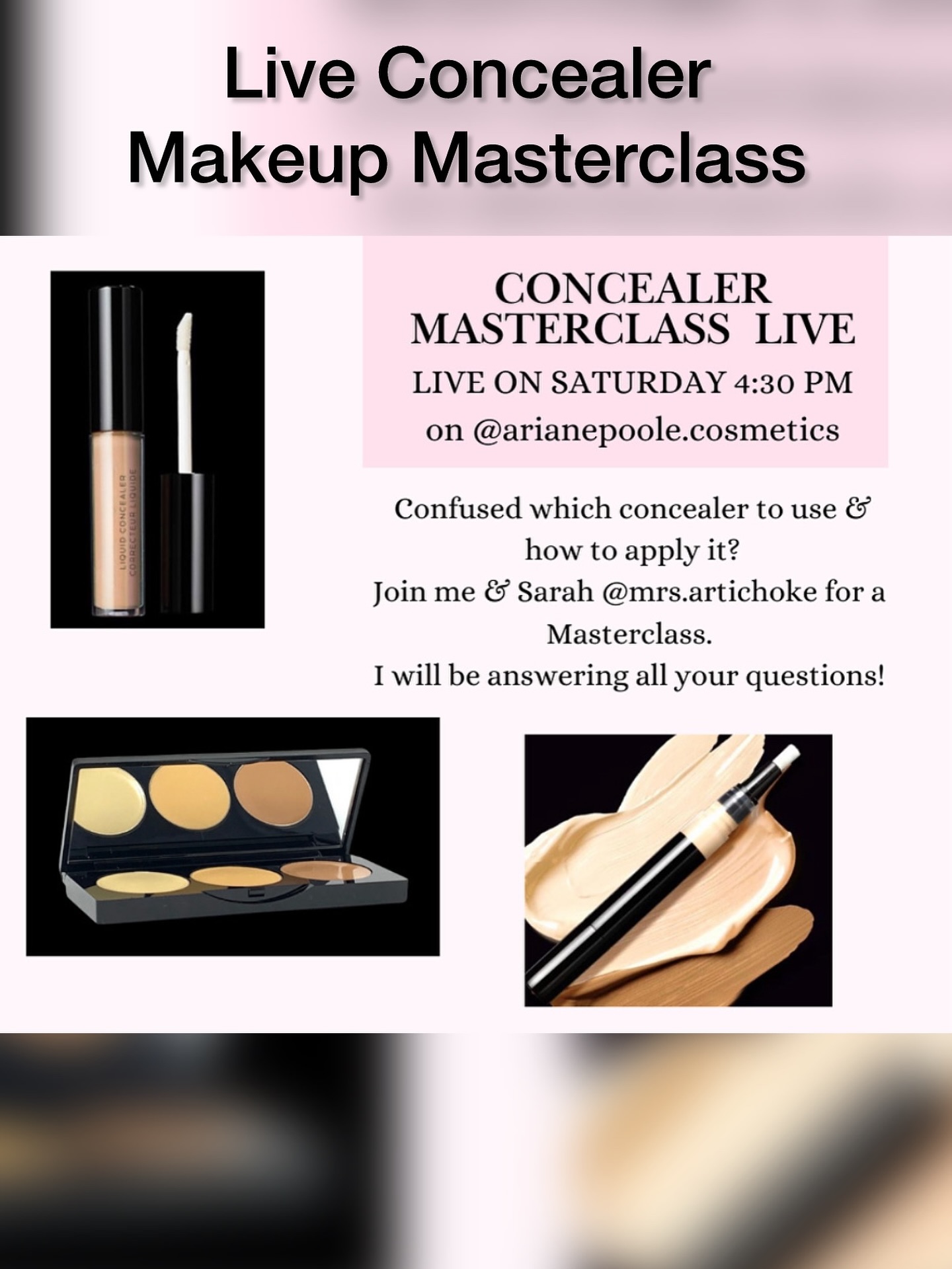 Concealer Makeup Masterclass with me & my good friend Sarah @mrs.artichoke Saturday 4:30pm Ask your questions below or message me.