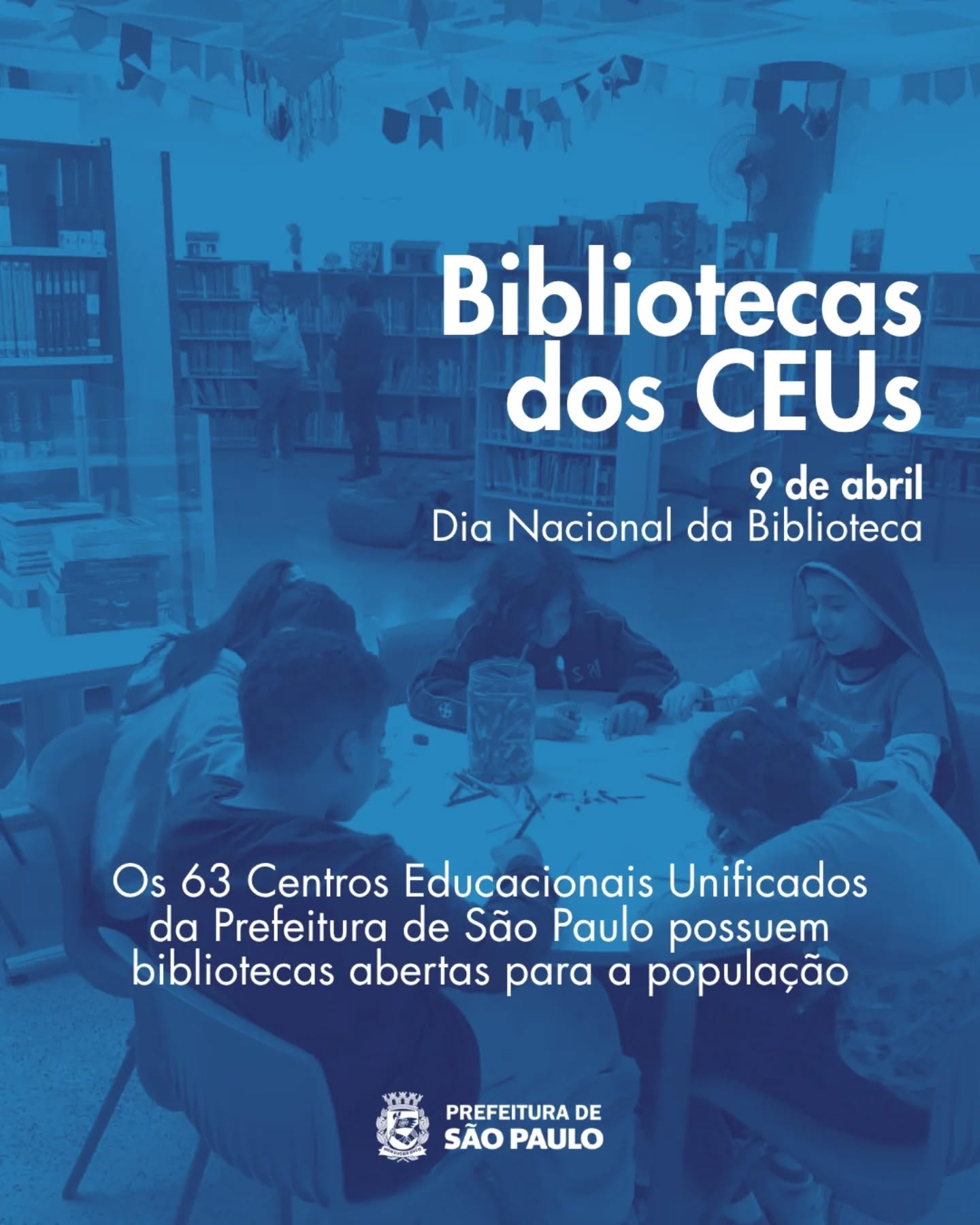 📚 9 de Abril | Dia Nacional da Biblioteca
Nesta data, vale comemorar a presença das 63 Bibliotecas Municipais presentes nos Centros Educacionais Unificados da Prefeitura de São Paulo, os CEUs! ❤️
As bibliotecas dos CEUs estão espalhadas por todas as regiões da cidade e abertas para todas as pessoas da cidade. São mais de 853 mil itens cadastrados na rede de bibliotecas.
👆 Qualquer pessoa pode participar das atividades das bibliotecas. Ocorrem contação de histórias, oficinas, exposições é muito mais
E para pegar emprestado algum de livro basta fazer a carteirinha, portando um documento de identidade e um comprovante de residência.
⏰ O horário de funcionamento das Bibliotecas dos CEUs:
- De segunda-feira a sexta-feira das 8h às 20h;
- Sábados, domingos, pontos facultativos e feriados das 10h às 14h.
🔗 Confira endereço dos CEUs: https://ceu.sme.prefeitura.sp.gov.br/unidades-ceus/
