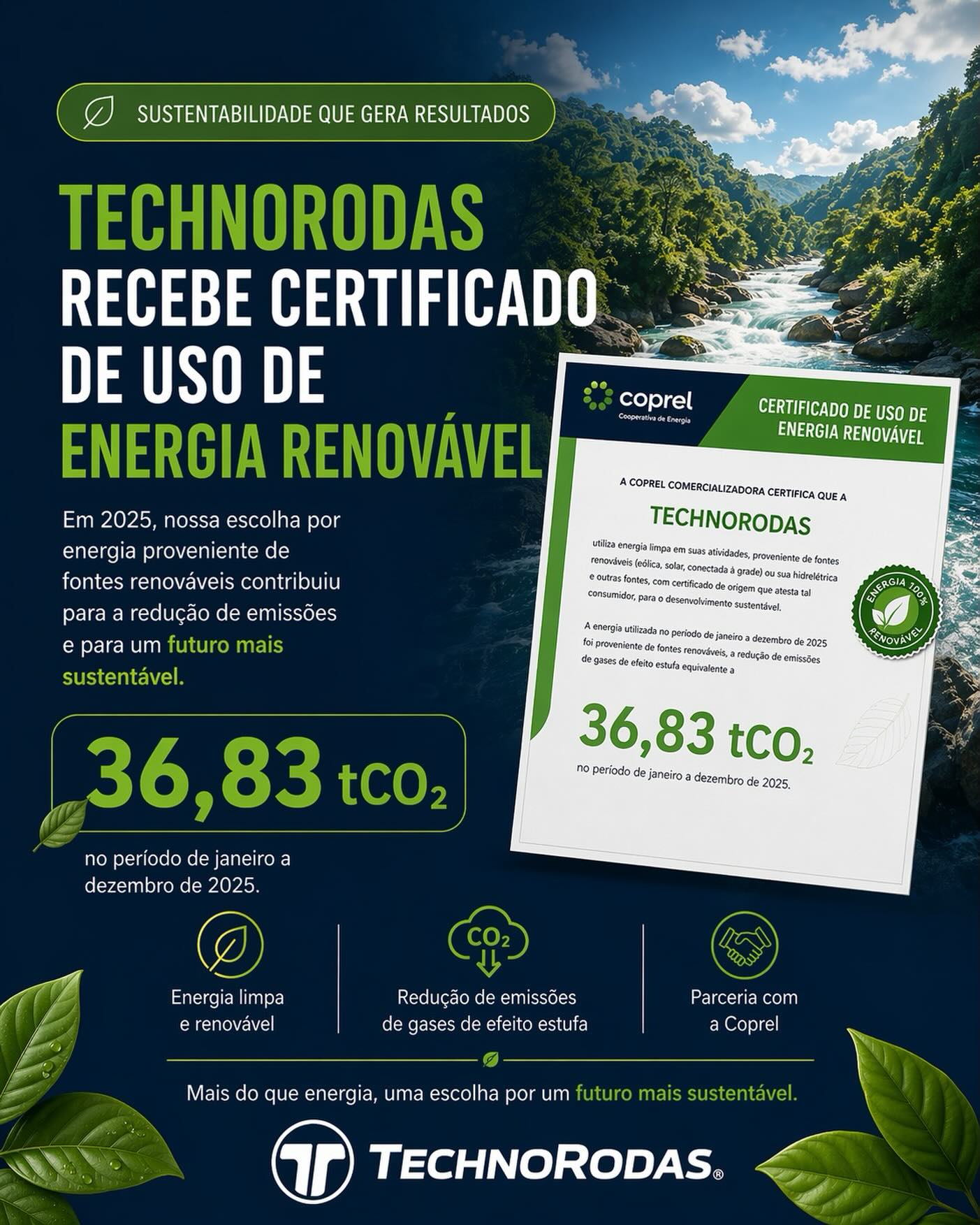 Compromisso que se traduz em atitude.
A Technorodas reforça seu engajamento com a sustentabilidade ao utilizar energia de fonte renovável e contribuir para a redução das emissões de CO₂. Mais do que energia, uma escolha responsável pelo futuro.