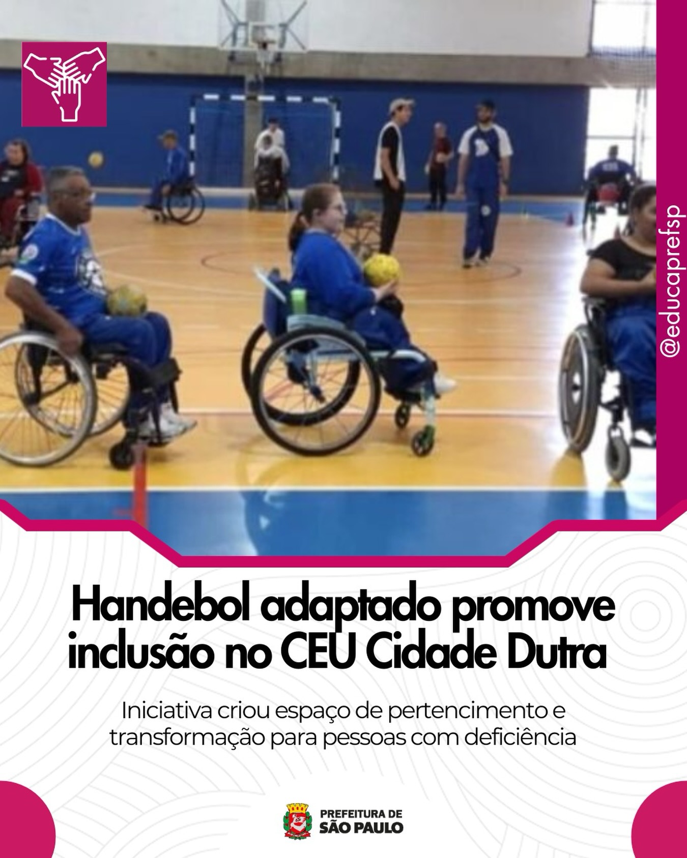Handebol e inclusão no CEU Cidade Dutra ♿
No CEU Cidade Dutra, as pessoas que usam cadeira de rodas encontram um espaço de convivência, autonomia e transformação.
Criado em 2009, o projeto de Handebol fortalece vínculos, promove bem-estar e amplia a participação na cidade.
As atividades que incluem aquecimento, fortalecimento, alongamento e uma rede de apoio com diferentes profissionais.
📍 Não tem limite de idade ou lista de espera! Quer participar? É só ir até o CEU Cidade Dutra e fazer sua carteirinha. É necessário levar uma foto 3×4, cópia do RG e comprovante de endereço, além do atestado médico anual obrigatório.
💬 Quer saber mais? Comente com a palavra NOTÍCIA.
