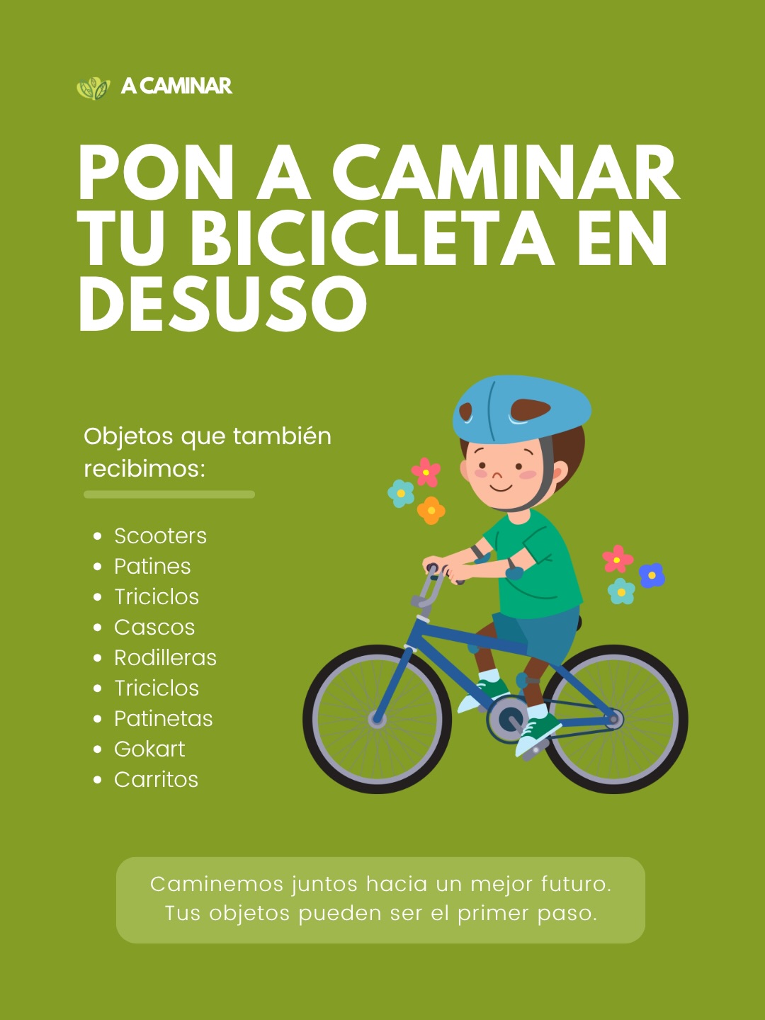 Hay bicicletas que simplemente dejan de usarse y terminan quedándose guardadas en casa. 🚲 En A Caminar promovemos la donación de bienes en desuso para integrarlos a distintas acciones sociales y darles una nueva utilidad. Si tienes una bicicleta que ya no usas, este puede ser un buen momento para ponerla a caminar. 💚 #donaciones #economiacircular♻️
