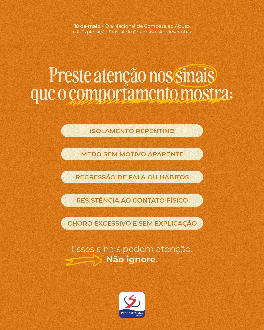 Hoje, 18 de maio, reforçamos uma luta que é de todos nós: proteger nossas crianças e adolescentes. 💛
O Dia Nacional de Combate ao Abuso e à Exploração Sexual de Crianças e Adolescentes nos lembra da importância da escuta, do cuidado, da proteção e da denúncia.
Toda criança merece crescer com segurança, respeito e dignidade.
Silenciar nunca é a solução. Denunciar é um ato de proteção e responsabilidade.
📞 Disque 100
Faça bonito. Proteja nossas crianças e adolescentes. 🌻