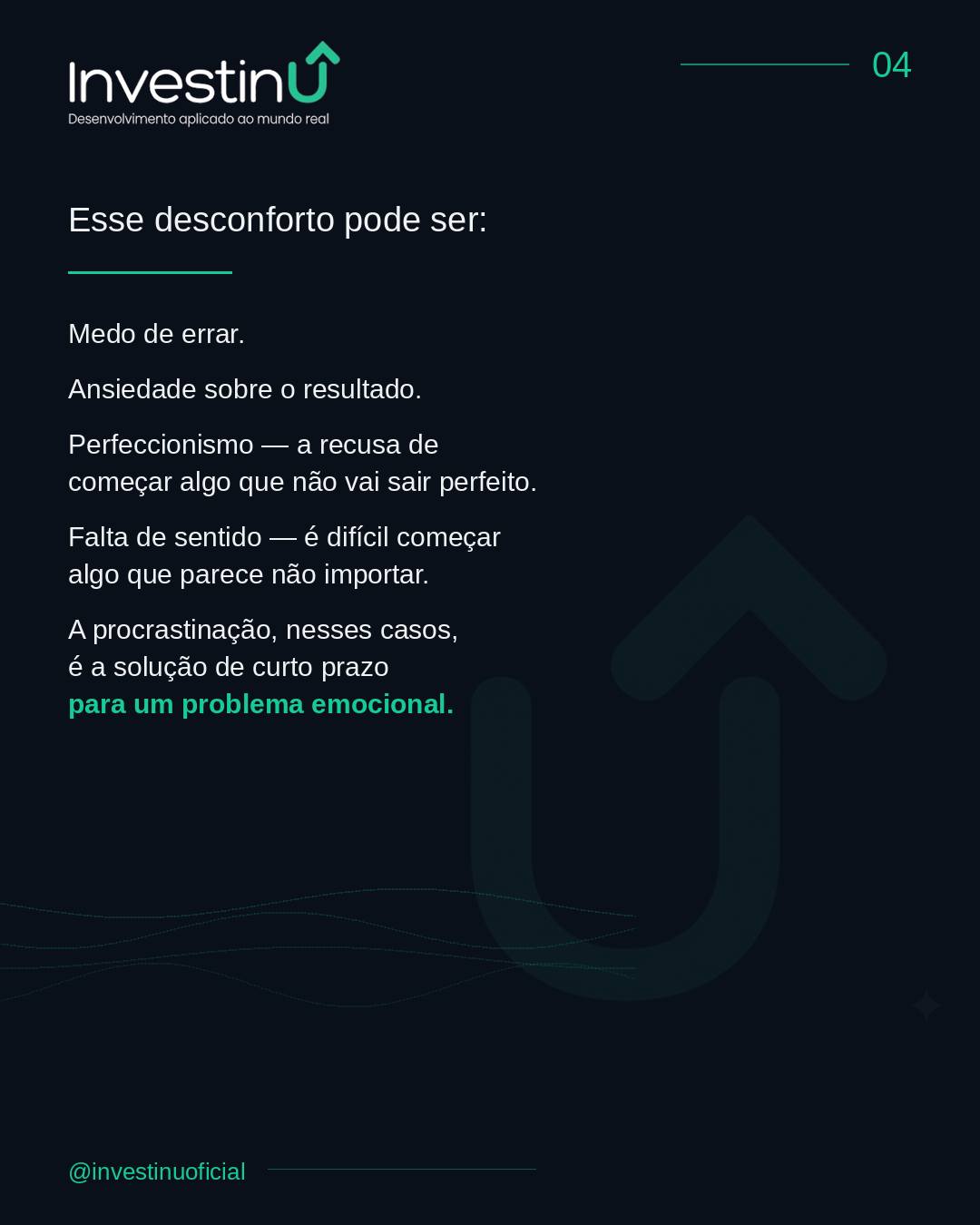 Força de vontade não resolve procrastinação.Não porque você seja fraco.Porque força de vontade é um recurso finito — e usá-la contra um ciclo emocional sem entender o mecanismo é como tentar parar uma hemorragia com esforço mental.A pergunta certa não é "por que não consigo começar?"É "o que estou evitando sentir?"Muda tudo quando você para de se julgar e começa a se entender.#Investinu #Procrastinacao #Produtividade #InteligenciaEmocional #DesenvolvimentoPessoal #Autoconhecimento