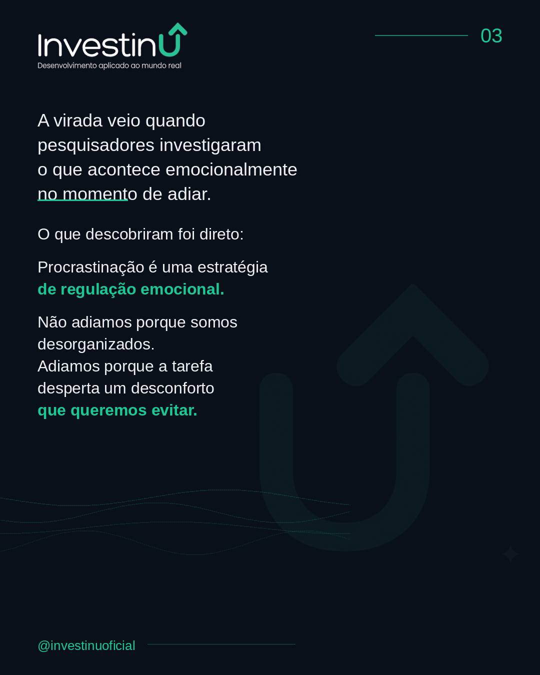 Força de vontade não resolve procrastinação.Não porque você seja fraco.Porque força de vontade é um recurso finito — e usá-la contra um ciclo emocional sem entender o mecanismo é como tentar parar uma hemorragia com esforço mental.A pergunta certa não é "por que não consigo começar?"É "o que estou evitando sentir?"Muda tudo quando você para de se julgar e começa a se entender.#Investinu #Procrastinacao #Produtividade #InteligenciaEmocional #DesenvolvimentoPessoal #Autoconhecimento