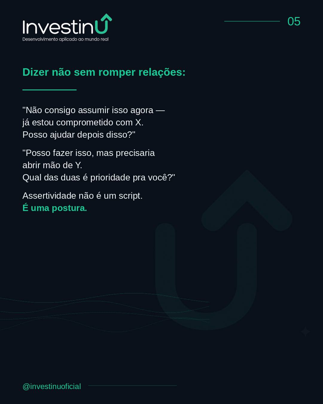 Dizer não costuma vir acompanhado de um medo específico: desapontar alguém, parecer difícil de trabalhar, ou perder espaço numa equipe.Mas a pessoa que nunca diz não raramente é admirada por isso. Costuma ser sobrecarregada — e, com o tempo, ressentida.Assertividade não é sobre ser duro. É sobre ser claro sem deixar de ser respeitoso.#Investinu #ComunicacaoAssertiva #Lideranca #Carreira #InteligenciaEmocional #DesenvolvimentoProfissional